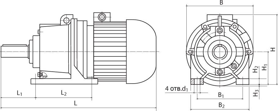 Габаритные и присоединительные размеры мотор-редукторов 3МП (исполнение на лапах)