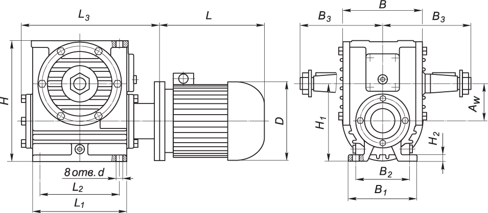 Габаритные и присоединительные размеры мотор-редукторов МЧ-100 - МЧ-160