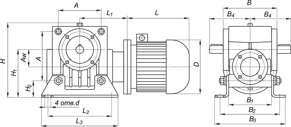 Габаритные и присоединительные размеры мотор-редукторов МЧ-40 - МЧ-80